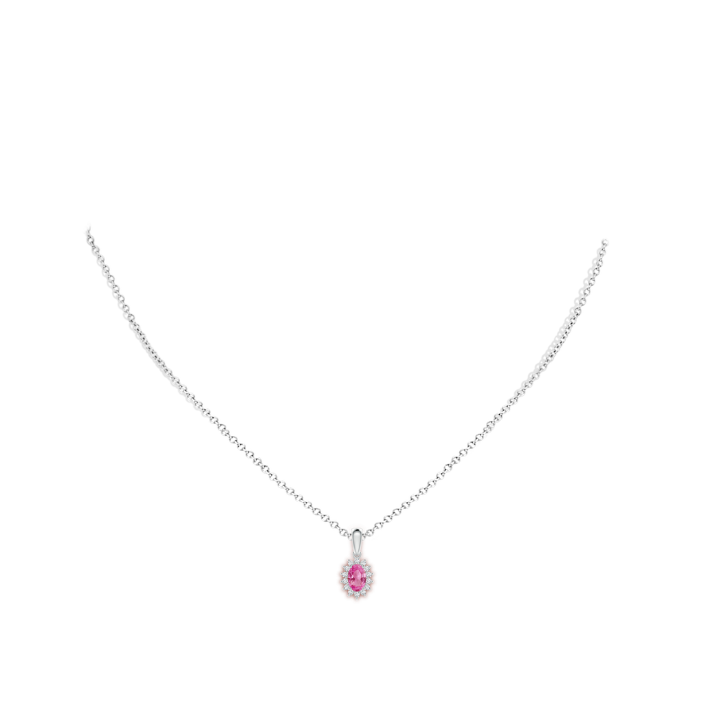 6x4mm AAA Oval Pink Sapphire Pendant with Floral Diamond Halo in White Gold Body-Neck