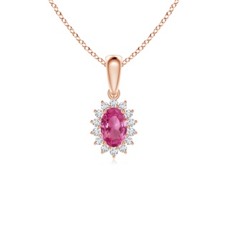 6x4mm AAAA Oval Pink Sapphire Pendant with Floral Diamond Halo in 10K Rose Gold