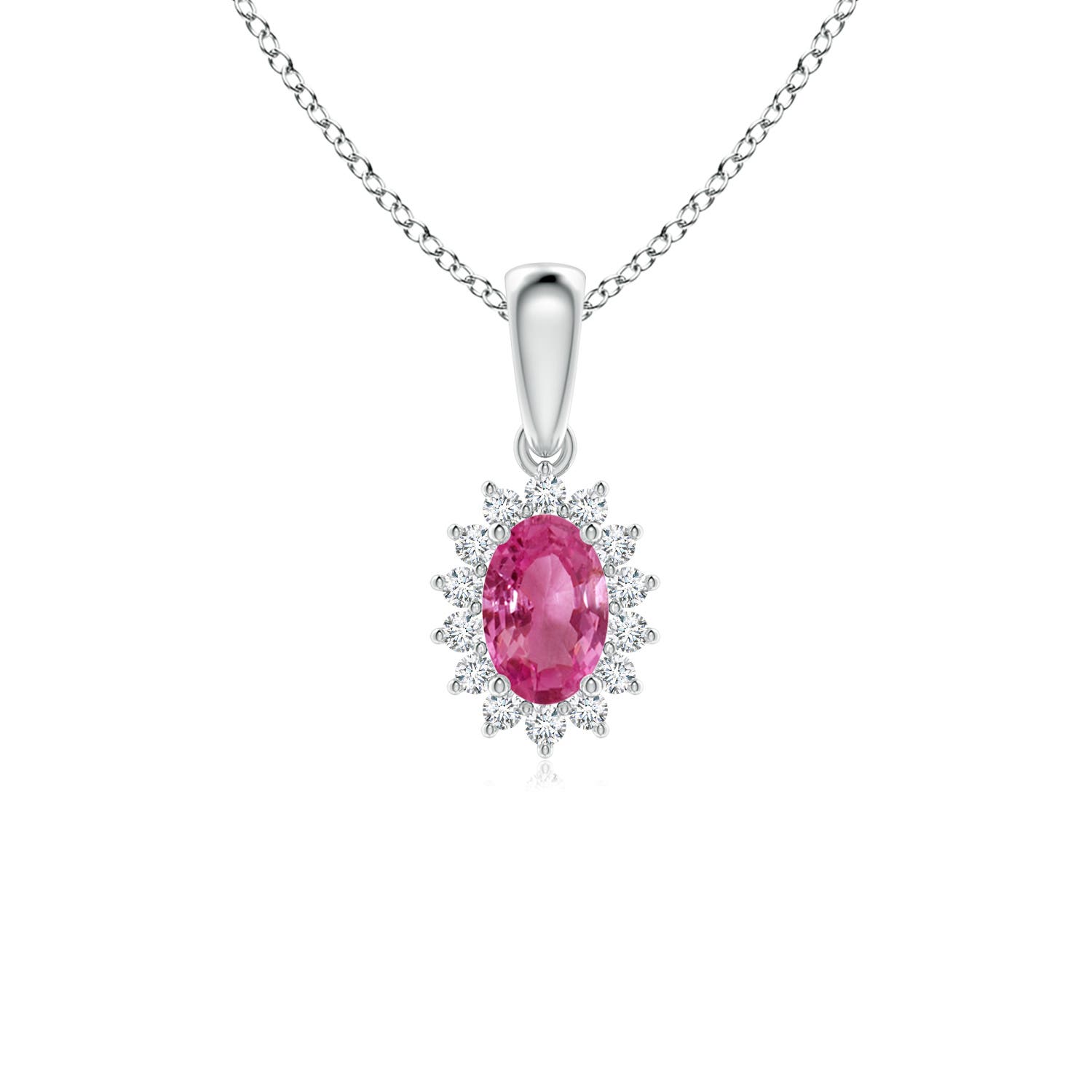 6x4mm AAAA Oval Pink Sapphire Pendant with Floral Diamond Halo in 18CT White Gold
