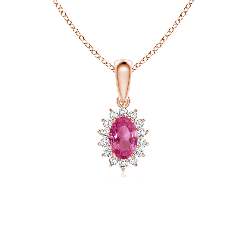 6x4mm AAAA Oval Pink Sapphire Pendant with Floral Diamond Halo in 9K Rose Gold 
