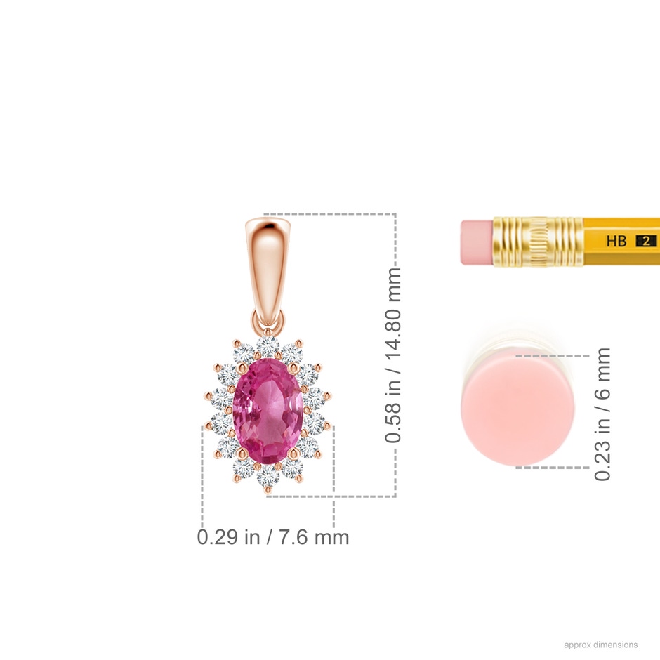 6x4mm AAAA Oval Pink Sapphire Pendant with Floral Diamond Halo in 9K Rose Gold ruler