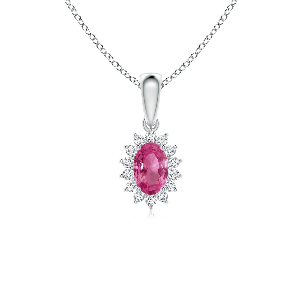 6x4mm AAAA Oval Pink Sapphire Pendant with Floral Diamond Halo in P950 Platinum 