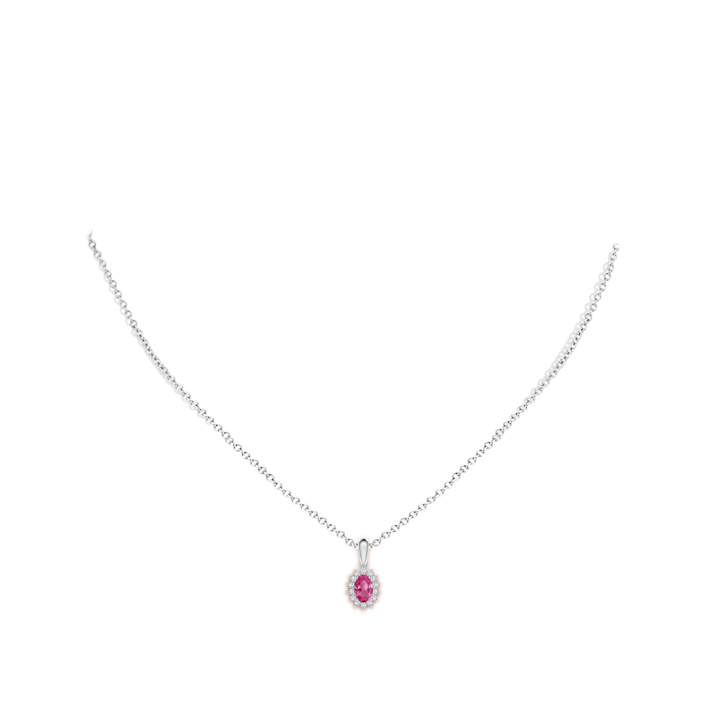 6x4mm AAAA Oval Pink Sapphire Pendant with Floral Diamond Halo in P950 Platinum Body-Neck