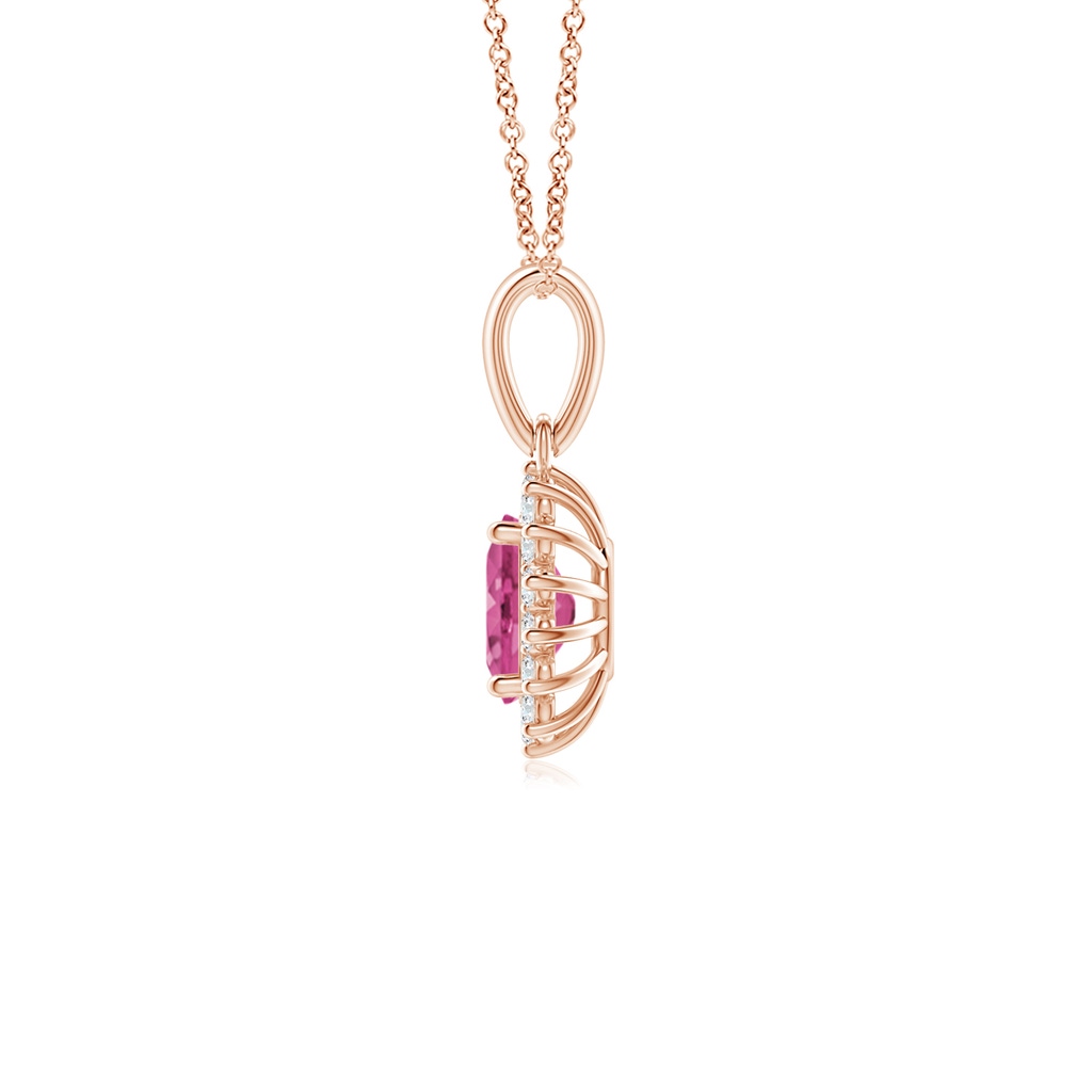 6x4mm AAAA Oval Pink Sapphire Pendant with Floral Diamond Halo in Rose Gold Side 1