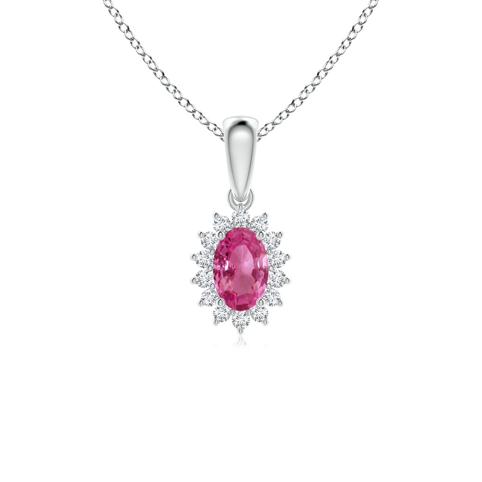 6x4mm AAAA Oval Pink Sapphire Pendant with Floral Diamond Halo in White Gold 