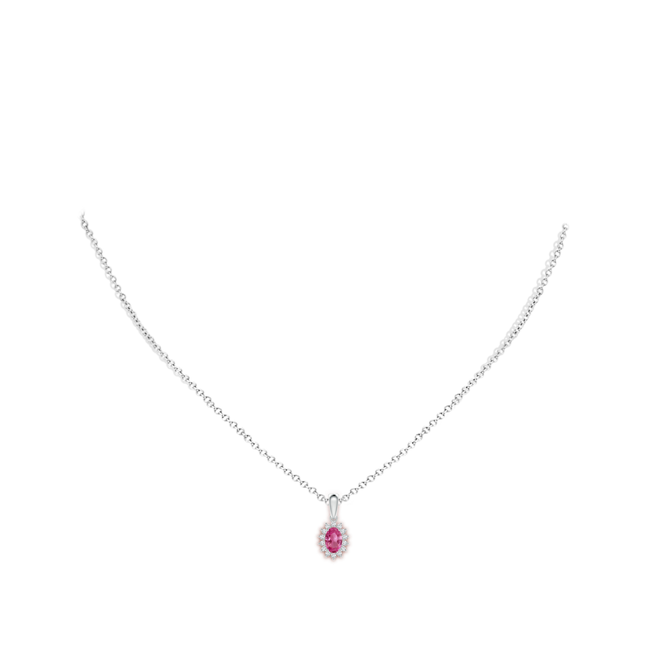 6x4mm AAAA Oval Pink Sapphire Pendant with Floral Diamond Halo in White Gold body-neck