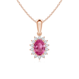 7x5mm AAAA Oval Pink Sapphire Pendant with Floral Diamond Halo in Rose Gold