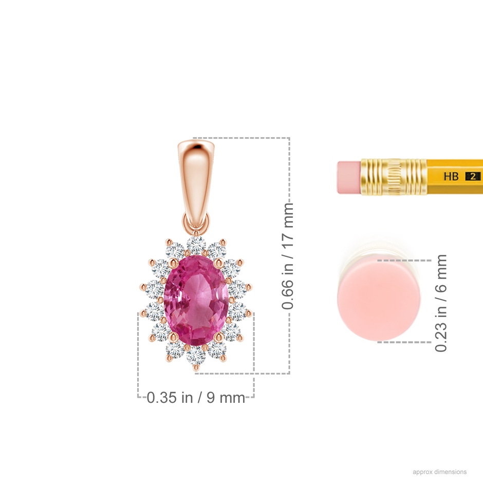 7x5mm AAAA Oval Pink Sapphire Pendant with Floral Diamond Halo in Rose Gold ruler