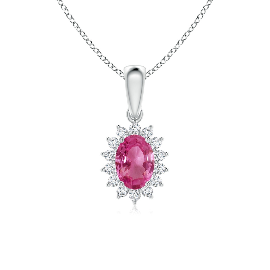 7x5mm AAAA Oval Pink Sapphire Pendant with Floral Diamond Halo in White Gold 