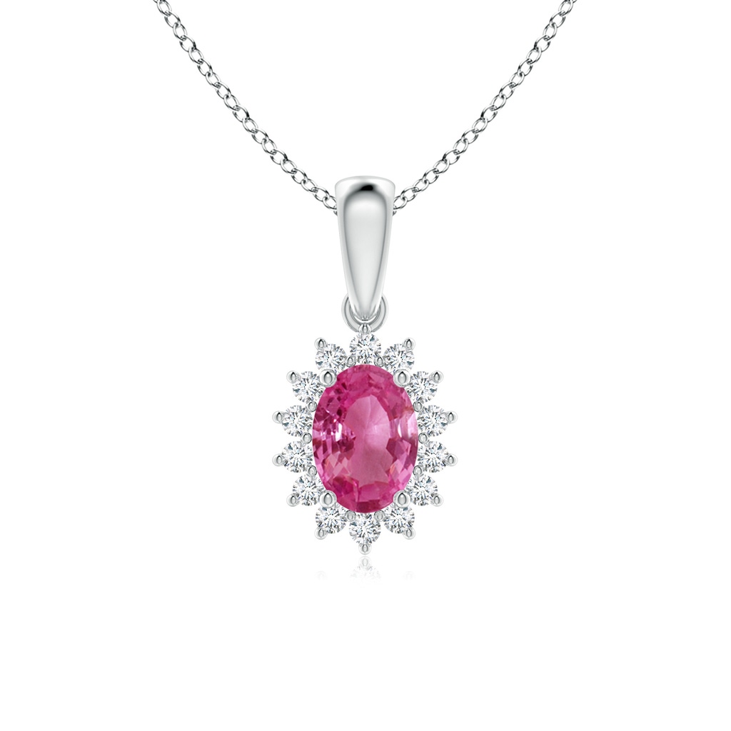 7x5mm AAAA Oval Pink Sapphire Pendant with Floral Diamond Halo in White Gold