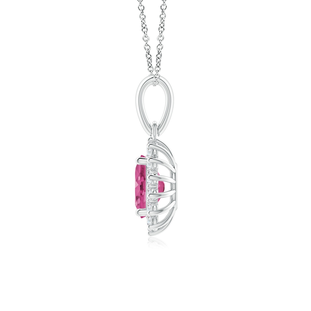 7x5mm AAAA Oval Pink Sapphire Pendant with Floral Diamond Halo in White Gold Side 1