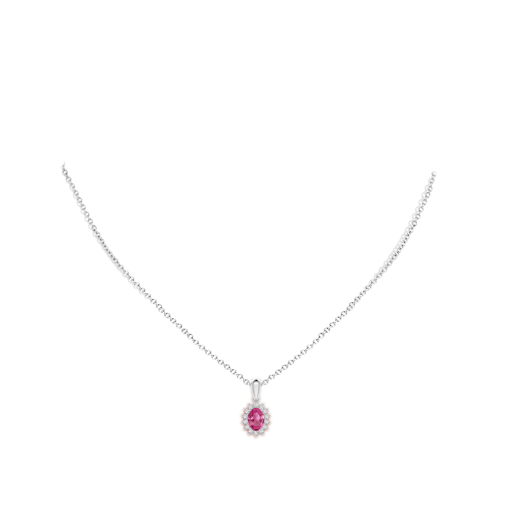 7x5mm AAAA Oval Pink Sapphire Pendant with Floral Diamond Halo in White Gold Body-Neck