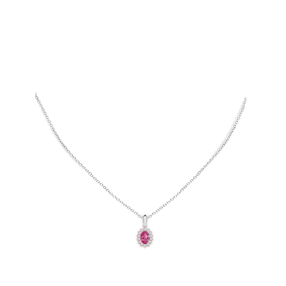 7x5mm AAAA Oval Pink Sapphire Pendant with Floral Diamond Halo in White Gold body-neck