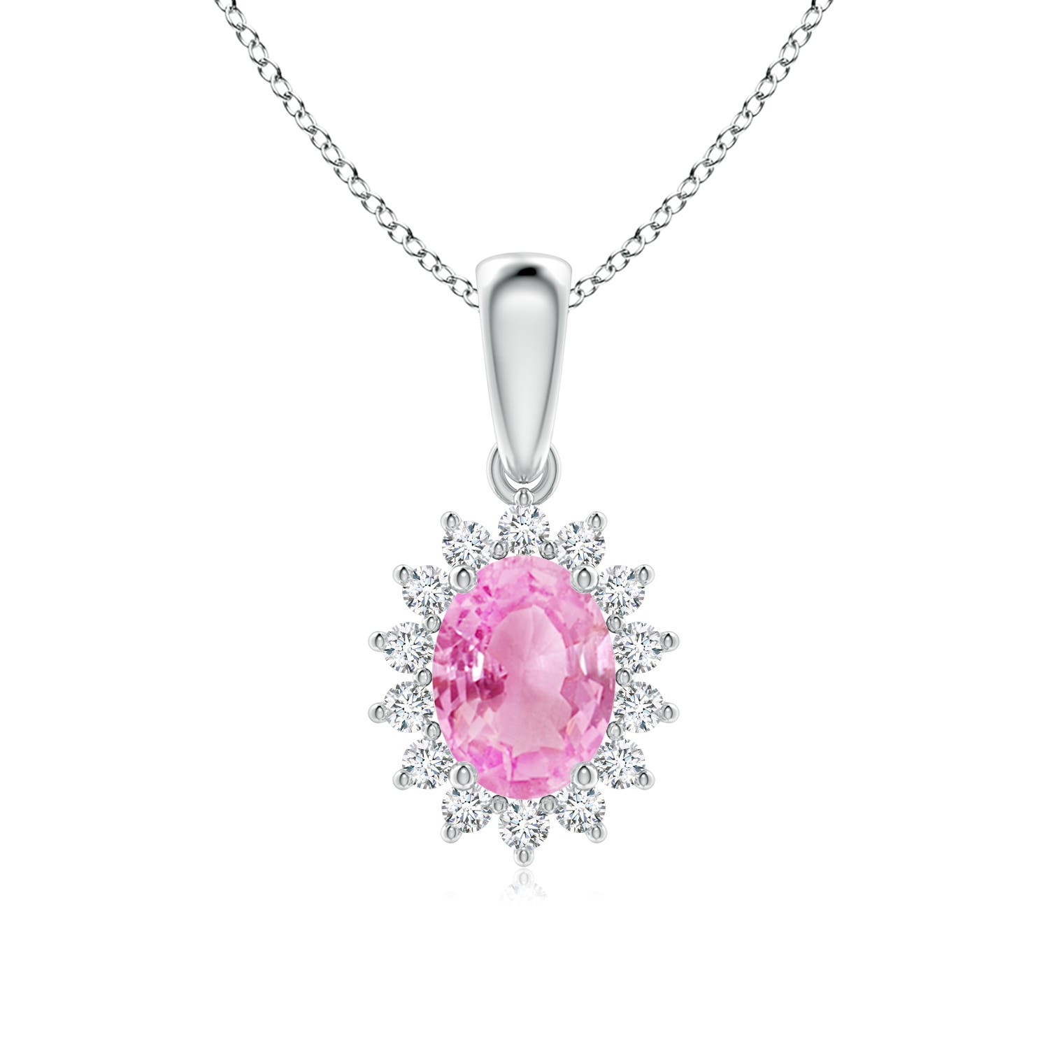 8x6mm A Oval Pink Sapphire Pendant with Floral Diamond Halo in P950 Platinum