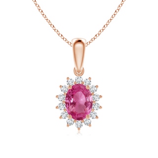 8x6mm AAAA Oval Pink Sapphire Pendant with Floral Diamond Halo in 10K Rose Gold