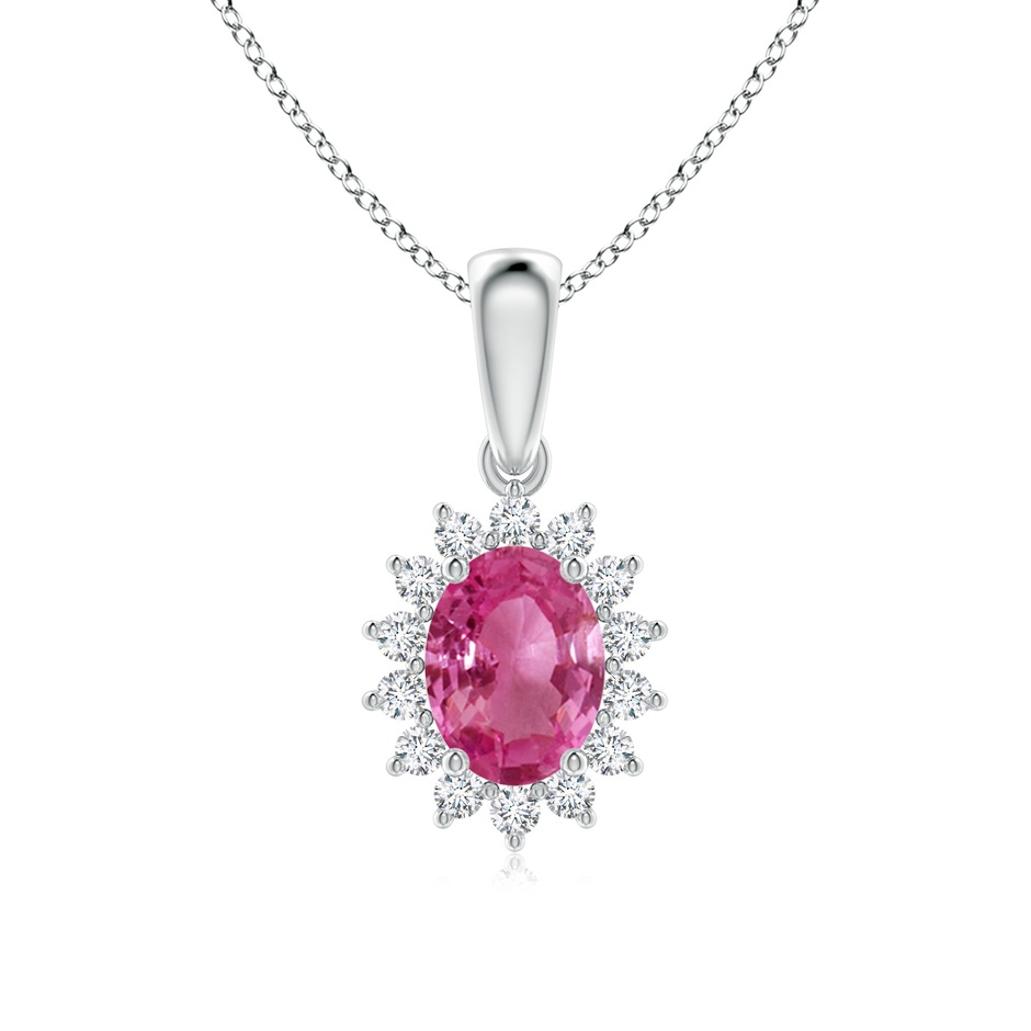 8x6mm AAAA Oval Pink Sapphire Pendant with Floral Diamond Halo in P950 Platinum 