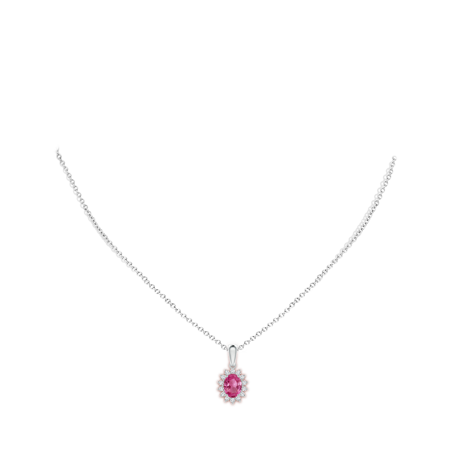 8x6mm AAAA Oval Pink Sapphire Pendant with Floral Diamond Halo in P950 Platinum pen