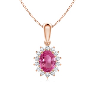8x6mm AAAA Oval Pink Sapphire Pendant with Floral Diamond Halo in Rose Gold