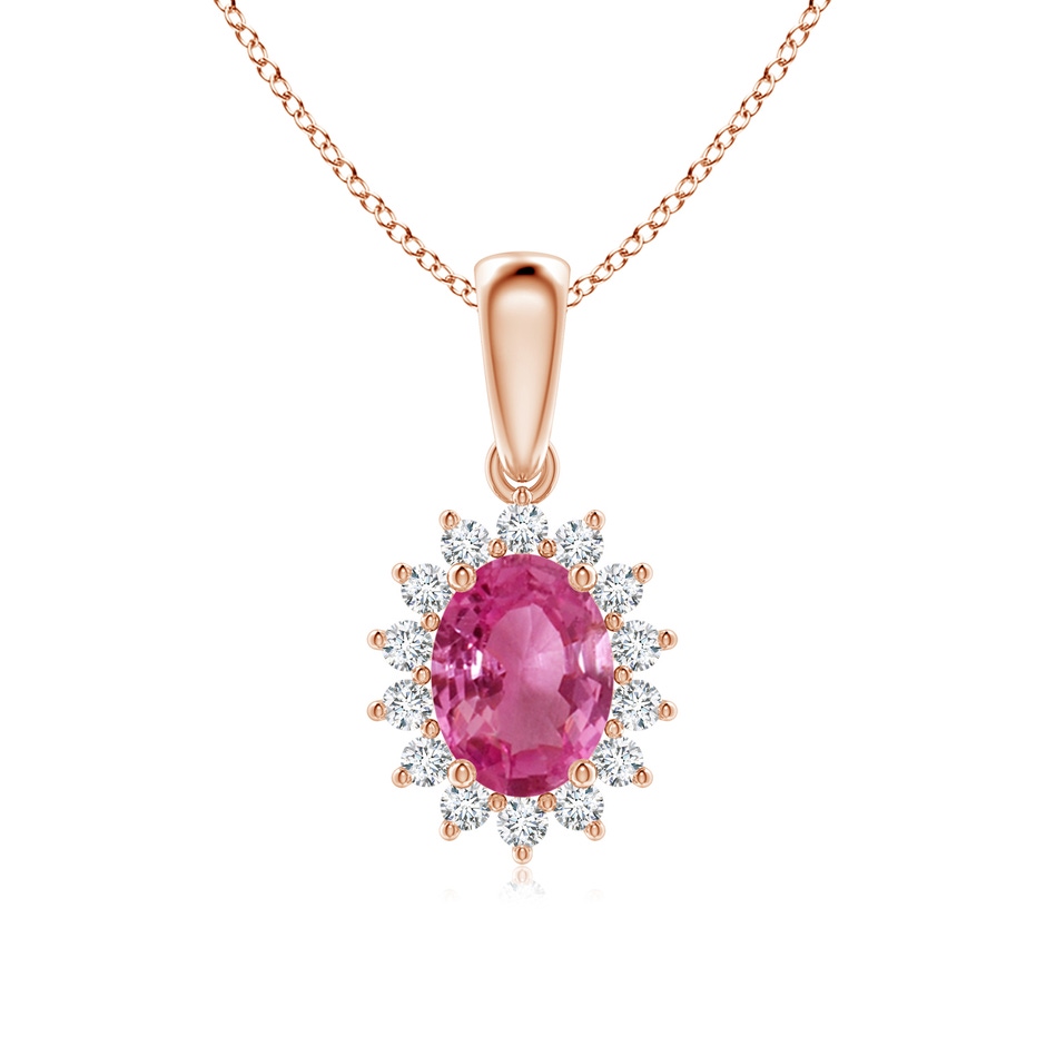 8x6mm AAAA Oval Pink Sapphire Pendant with Floral Diamond Halo in Rose Gold 