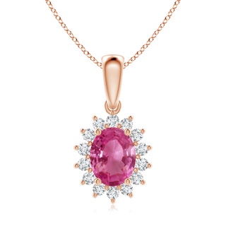 9x7mm AAAA Oval Pink Sapphire Pendant with Floral Diamond Halo in Rose Gold
