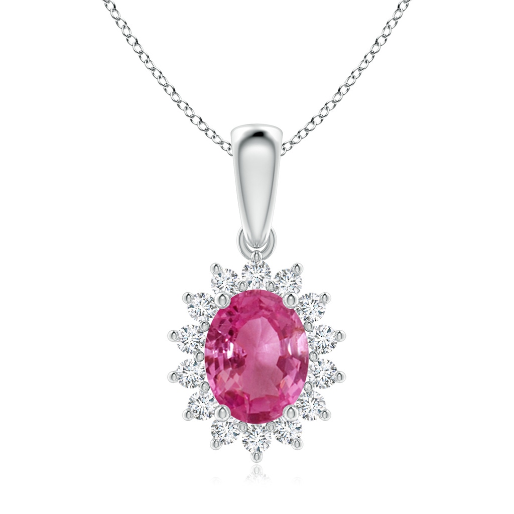 9x7mm AAAA Oval Pink Sapphire Pendant with Floral Diamond Halo in White Gold 