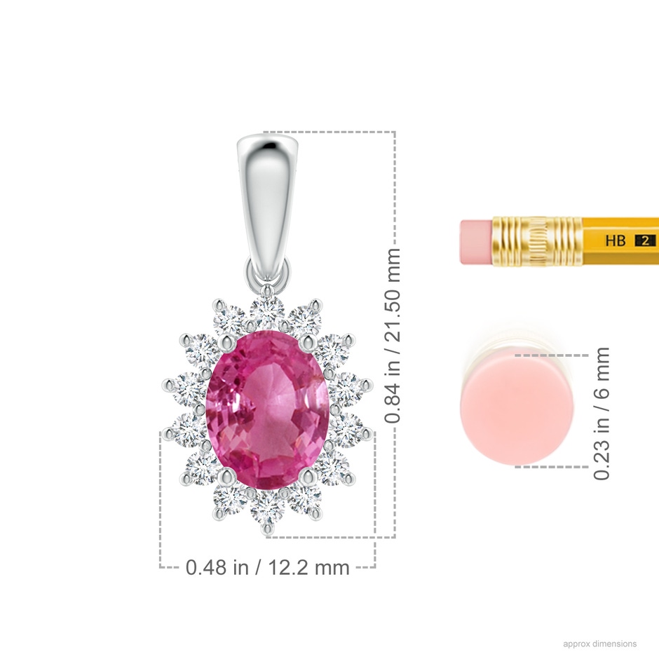 9x7mm AAAA Oval Pink Sapphire Pendant with Floral Diamond Halo in White Gold ruler