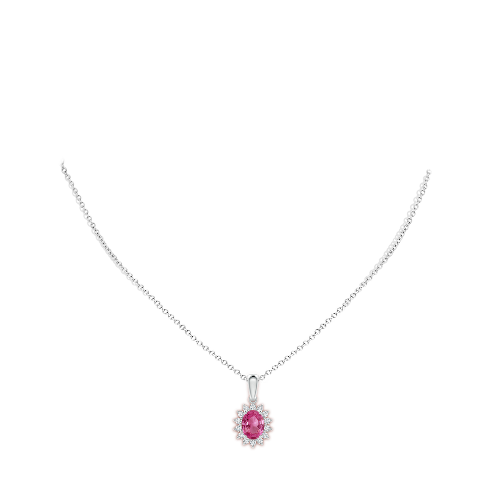 9x7mm AAAA Oval Pink Sapphire Pendant with Floral Diamond Halo in White Gold Body-Neck
