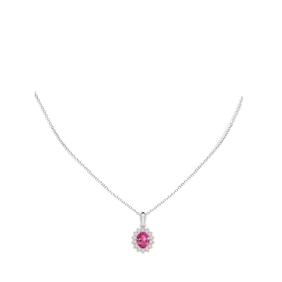 9x7mm AAAA Oval Pink Sapphire Pendant with Floral Diamond Halo in White Gold body-neck