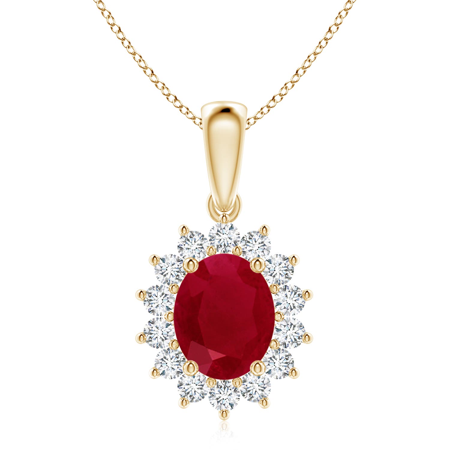 10x8mm AA Oval Ruby Pendant with Floral Diamond Halo in Yellow Gold