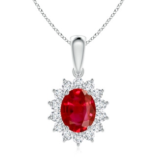 10x8mm AAA Oval Ruby Pendant with Floral Diamond Halo in P950 Platinum