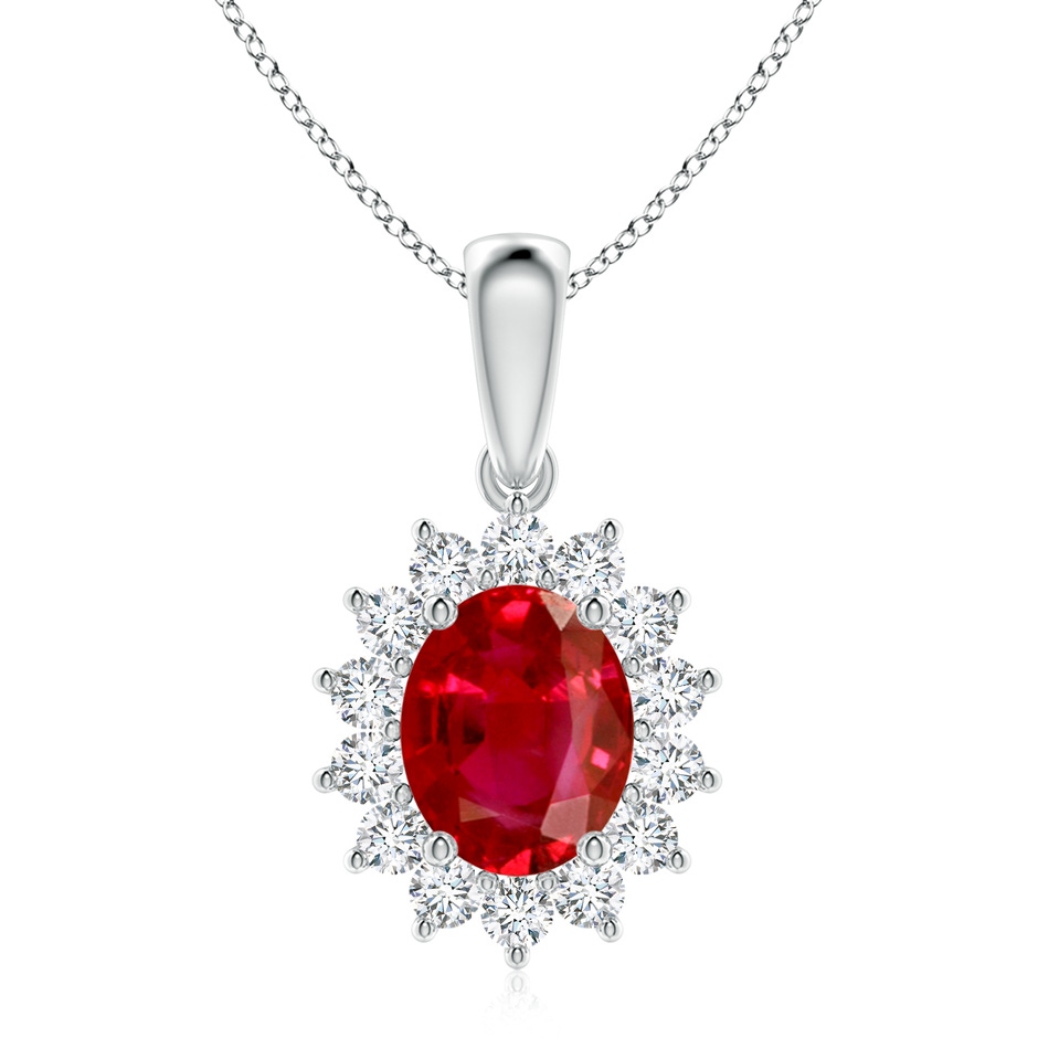 10x8mm AAA Oval Ruby Pendant with Floral Diamond Halo in P950 Platinum 
