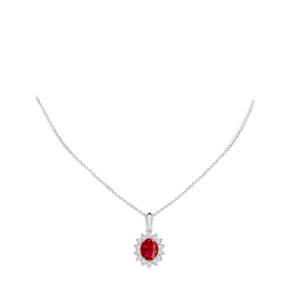 10x8mm AAA Oval Ruby Pendant with Floral Diamond Halo in P950 Platinum pen