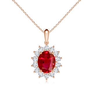10x8mm AAA Oval Ruby Pendant with Floral Diamond Halo in Rose Gold