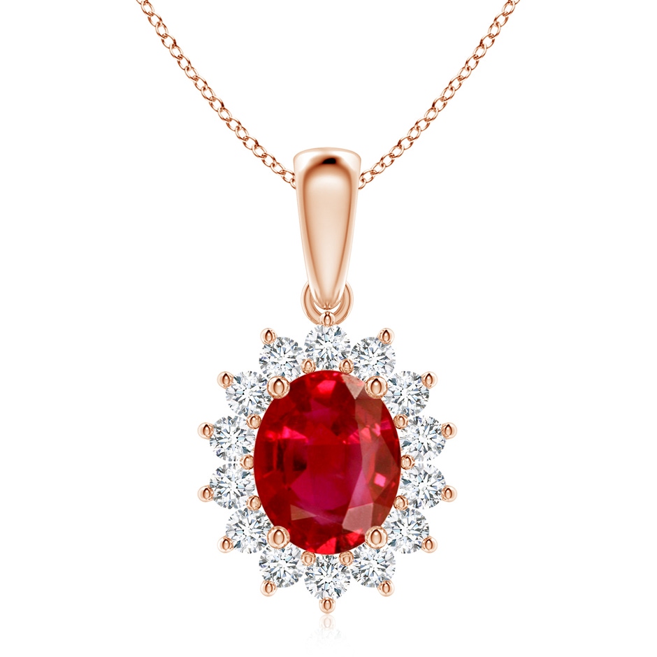 10x8mm AAA Oval Ruby Pendant with Floral Diamond Halo in Rose Gold 