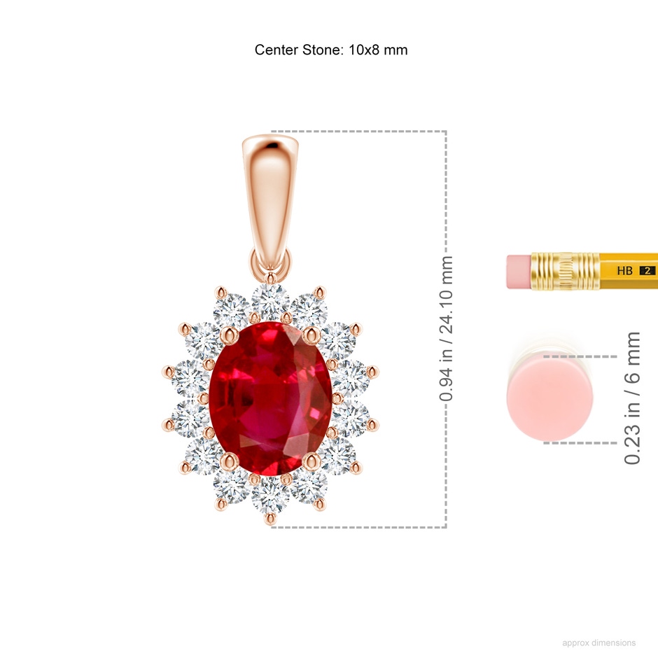 10x8mm AAA Oval Ruby Pendant with Floral Diamond Halo in Rose Gold ruler