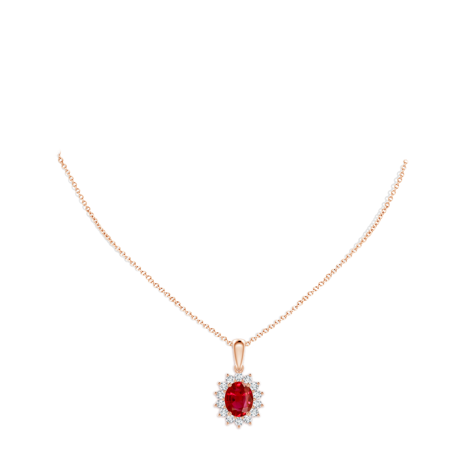 10x8mm AAA Oval Ruby Pendant with Floral Diamond Halo in Rose Gold pen