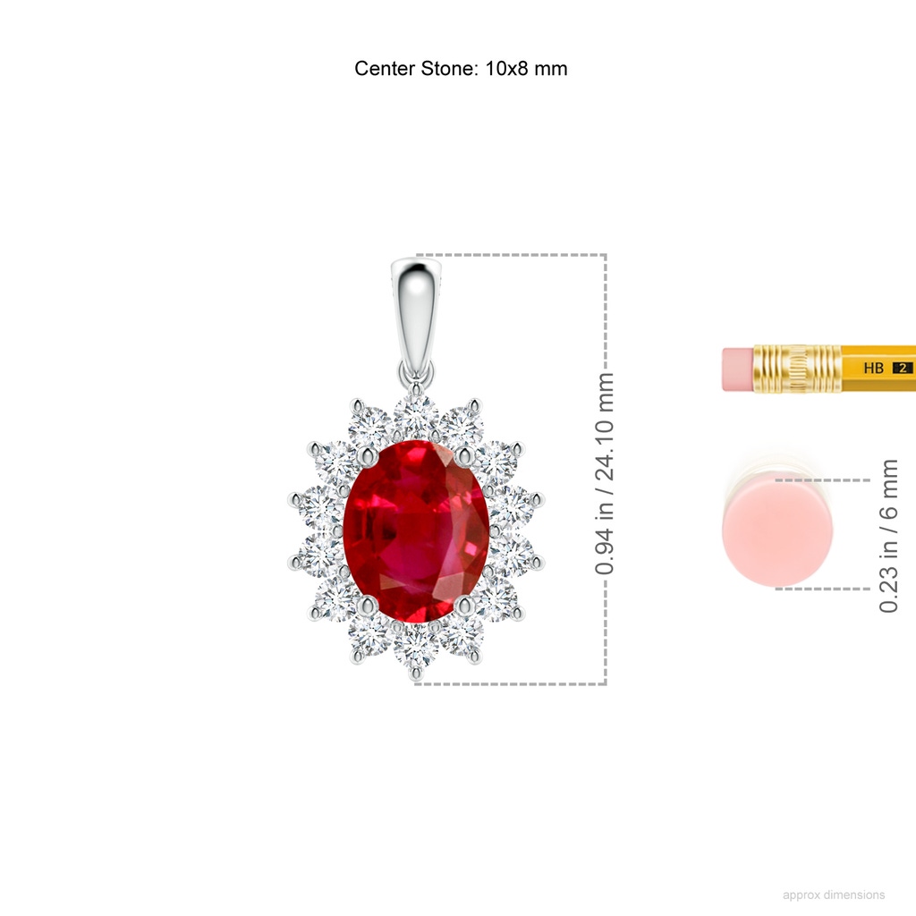 10x8mm AAA Oval Ruby Pendant with Floral Diamond Halo in White Gold ruler