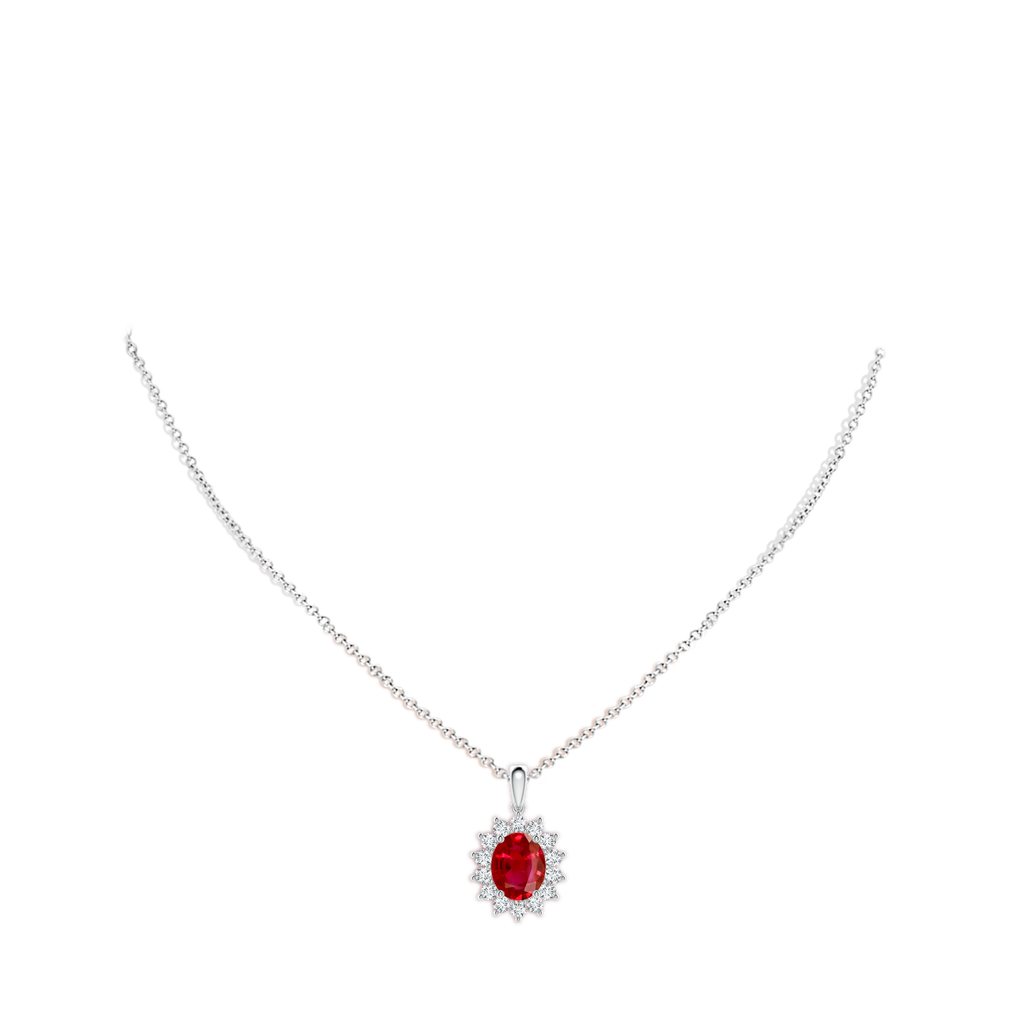 10x8mm AAA Oval Ruby Pendant with Floral Diamond Halo in White Gold pen