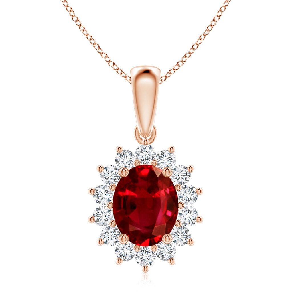 10x8mm AAAA Oval Ruby Pendant with Floral Diamond Halo in Rose Gold