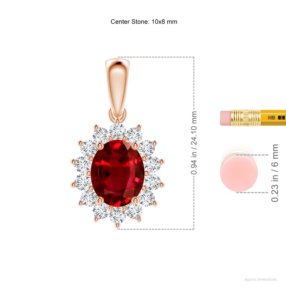 10x8mm AAAA Oval Ruby Pendant with Floral Diamond Halo in Rose Gold ruler