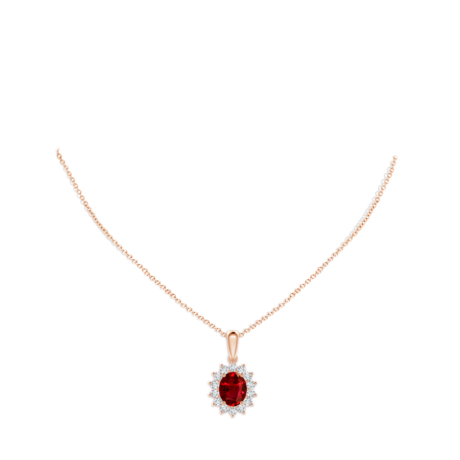 10x8mm AAAA Oval Ruby Pendant with Floral Diamond Halo in Rose Gold pen
