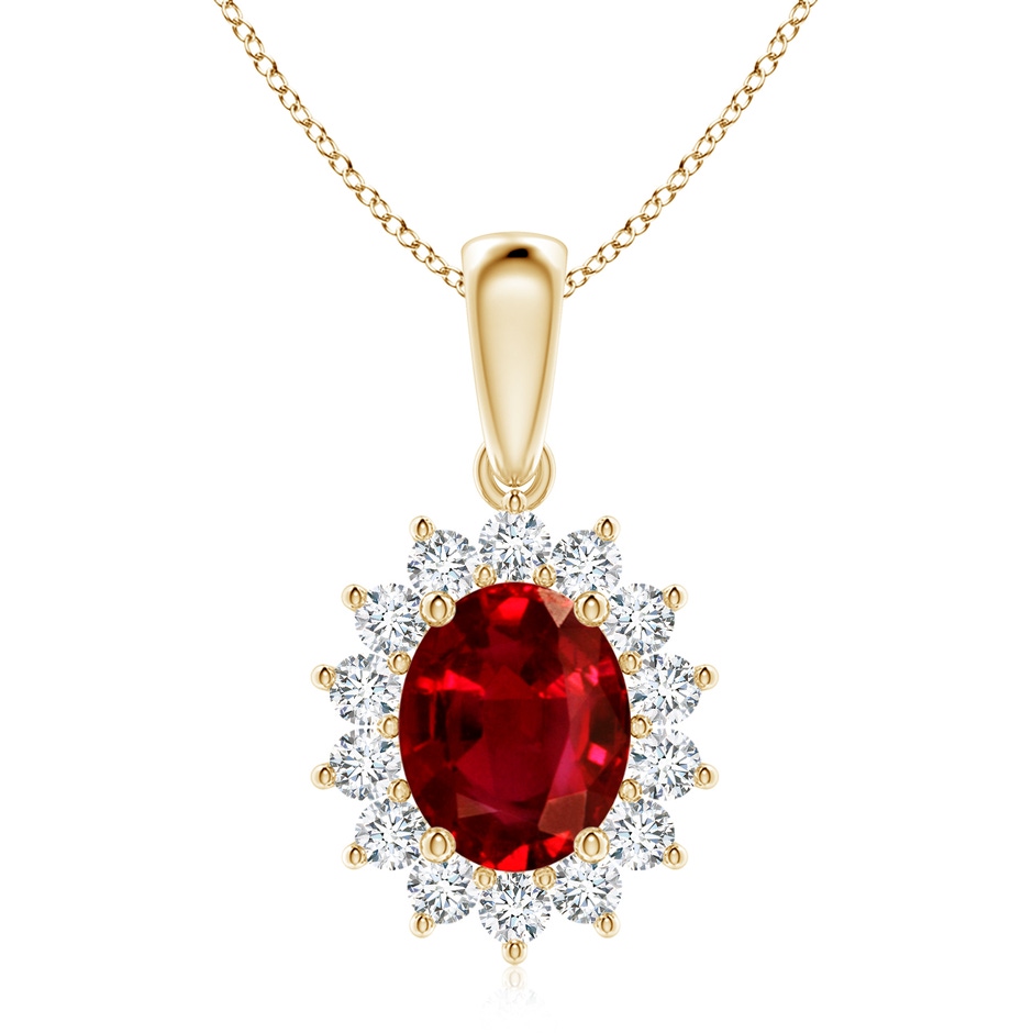 10x8mm AAAA Oval Ruby Pendant with Floral Diamond Halo in Yellow Gold 
