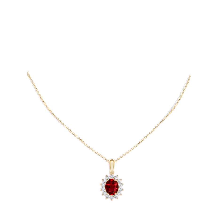 10x8mm AAAA Oval Ruby Pendant with Floral Diamond Halo in Yellow Gold pen