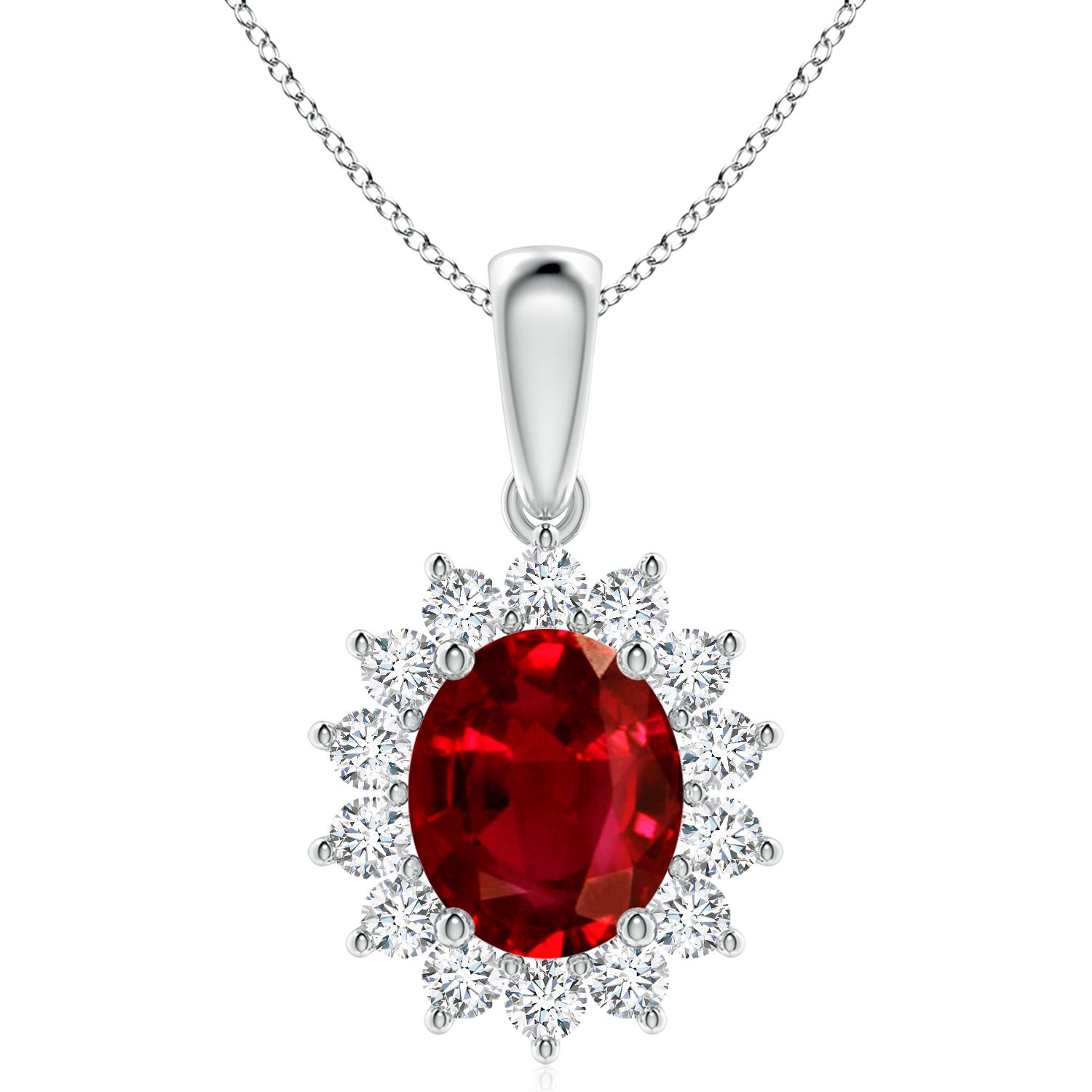 12x10mm AAAA Oval Ruby Pendant with Floral Diamond Halo in White Gold