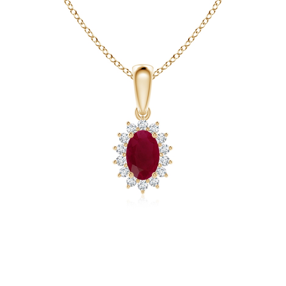 6x4mm A Oval Ruby Pendant with Floral Diamond Halo in 18K Yellow Gold 