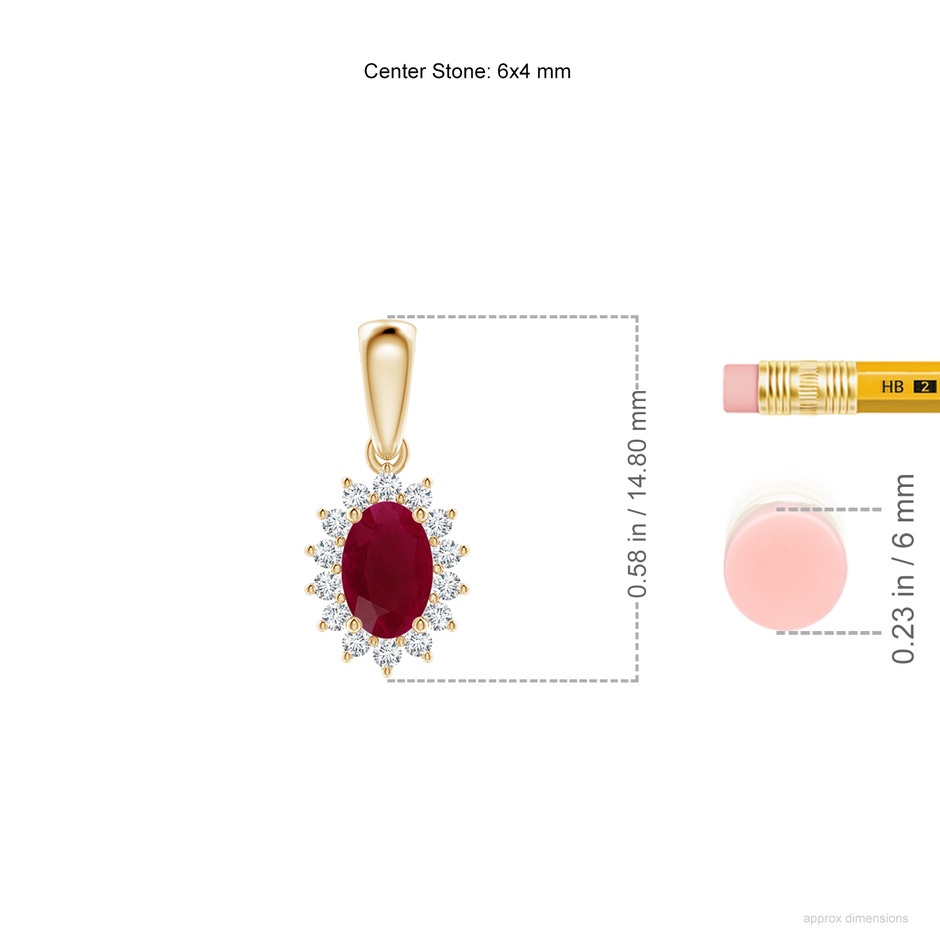 6x4mm A Oval Ruby Pendant with Floral Diamond Halo in 18K Yellow Gold ruler