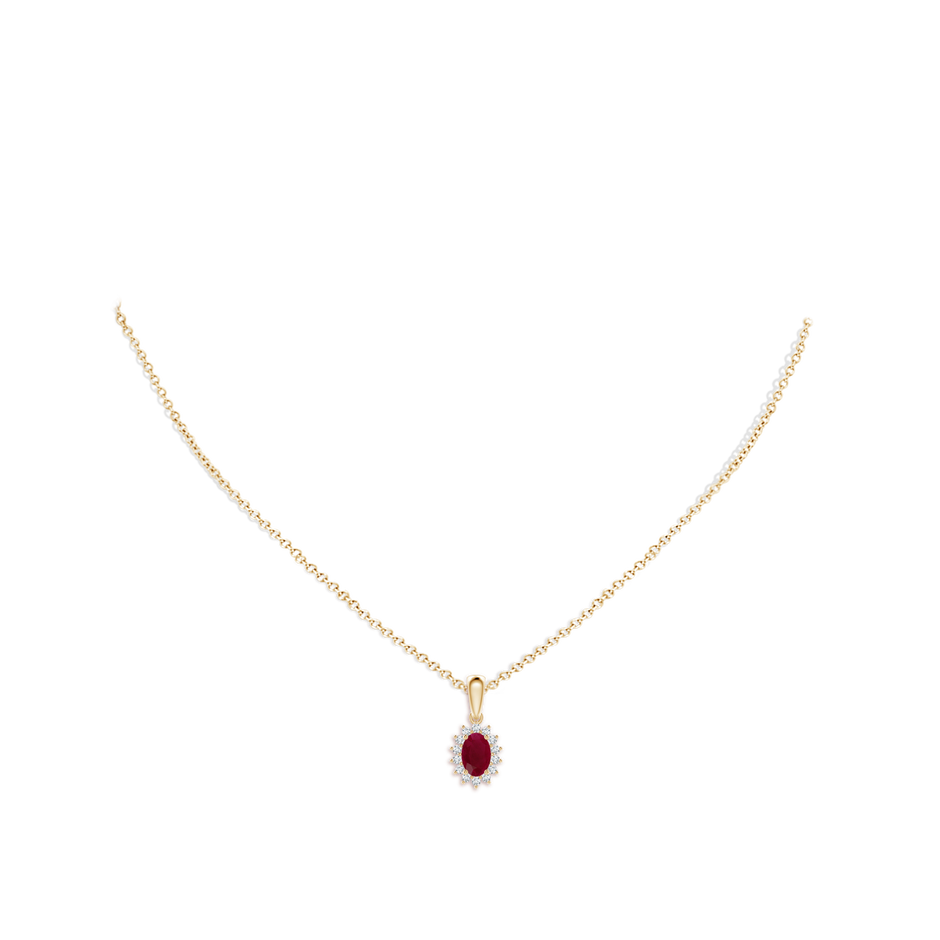 6x4mm A Oval Ruby Pendant with Floral Diamond Halo in 18K Yellow Gold pen