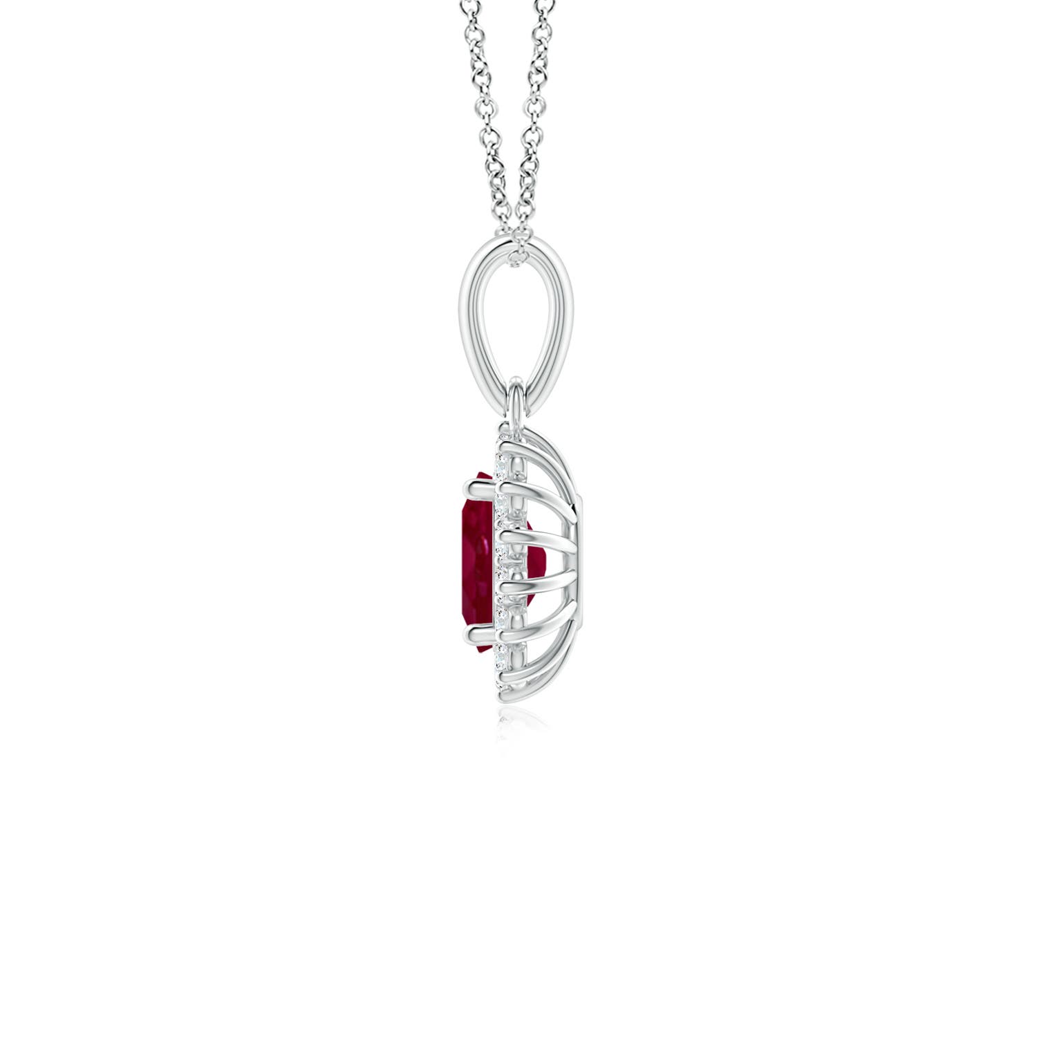 6x4mm A Oval Ruby Pendant with Floral Diamond Halo in White Gold