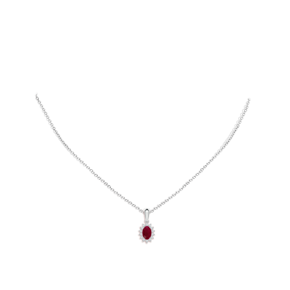 6x4mm A Oval Ruby Pendant with Floral Diamond Halo in White Gold pen