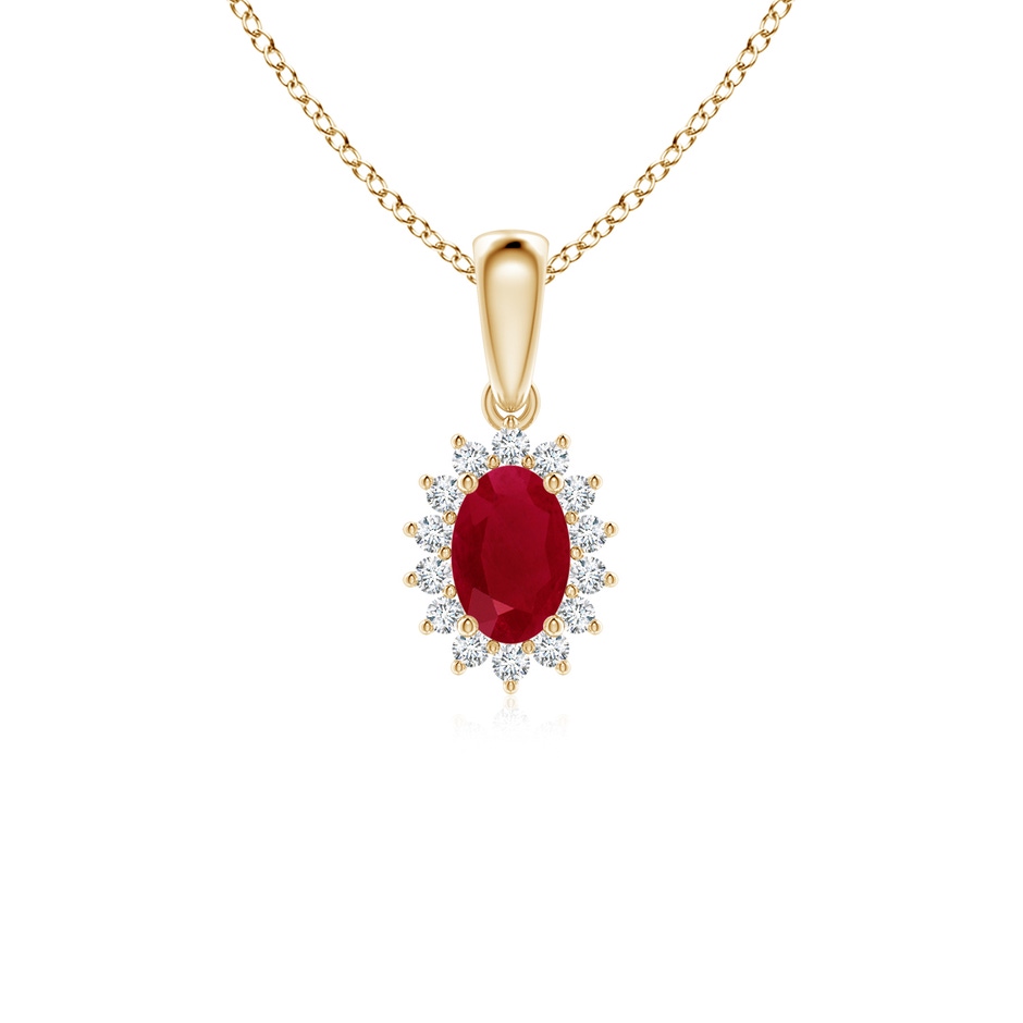 6x4mm AA Oval Ruby Pendant with Floral Diamond Halo in Yellow Gold 